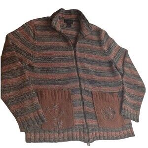 Vintage Express Womens Zipper Front Cardigan Sweater Size L Patches Grannycore